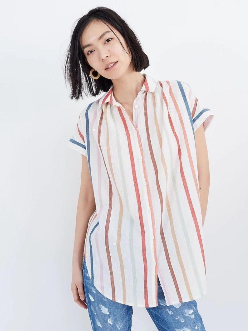 Madewell Gauze Tunic Stripe Short-Sleeve Button-Down Shirt Medium